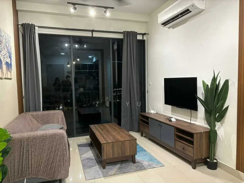 Living features: 3-seater fabric sofa in beige, wooden coffee table, TV console with storage, wall-mounted TV, floor-to-ceiling sliding glass door, grey curtains, recessed downlights, air conditioning unit, decorative plant, area rug with geometric pattern, wall art with abstract design, cream painted walls, glossy tile flooring; style: modern; view: city.