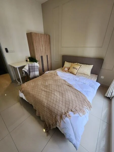Bedroom features: queen-size bed with beige bedding, upholstered headboard, decorative throw blanket, wooden wardrobe with sliding doors, side table, decorative pillows, cream painted walls, glossy tile flooring, natural light from window; style: modern.
