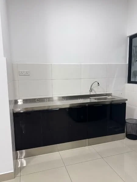 Kitchen features: single-bowl stainless-steel sink, chrome pull-down faucet, black cabinetry, white tiled backsplash, stainless-steel countertop, ceramic tile flooring, window with black frame, waste bin; style: modern.
