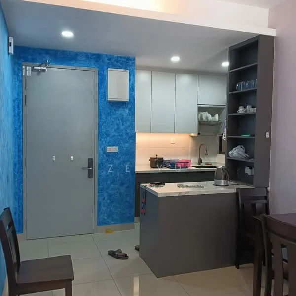 Kitchen features: blue textured accent wall, grey cabinetry, white countertop, stainless-steel kettle, built-in sink, wall-mounted cabinets, ceramic tile flooring, recessed LED downlights, open shelving, kitchen utensils visible, sliding door, dining table with chairs; style: modern.