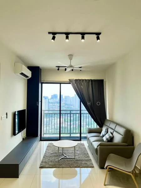 Living features: 3-seater grey leather sofa, coffee table, TV console, wall-mounted TV, area rug with geometric pattern, floor-to-ceiling windows, sliding glass door, blackout curtains, 5-blade ceiling fan with light, wall-mounted split AC, recessed LED downlights, light-colored walls, glossy tile flooring; style: modern; view: city.