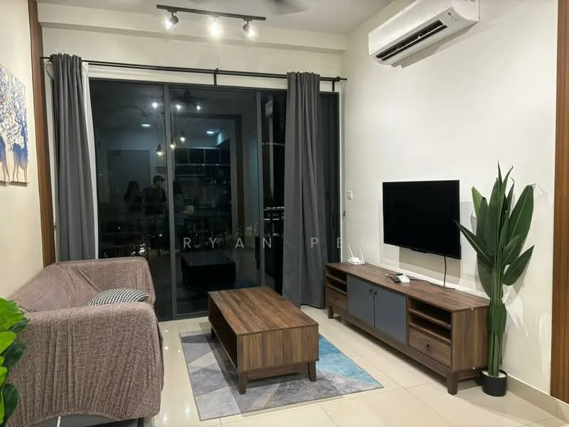Living features: 3-seater fabric sofa in beige, wood coffee table, TV console with storage, wall-mounted TV, floor-to-ceiling sliding glass door, curtains in grey, recessed downlights, air conditioning unit, decorative plant, area rug with geometric pattern, cream painted walls, glossy tile flooring; style: modern; view: city.