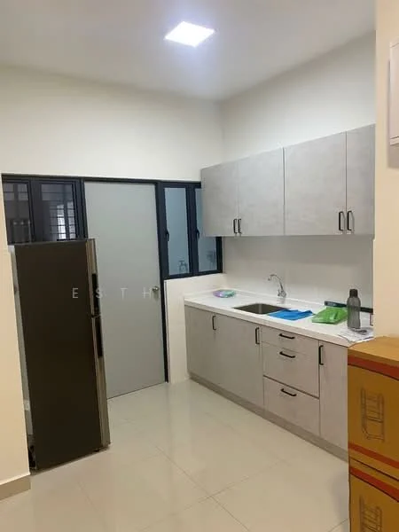 Kitchen features: light grey cabinetry, white countertop, single-bowl stainless-steel sink, chrome pull-down faucet, built-in refrigerator, ceramic tile flooring, recessed ceiling lights, window with black frame, grey backsplash, kitchen utensils on countertop; style: modern.