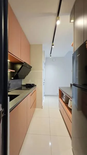 Kitchen features: orange cabinetry, black countertop, stainless-steel fridge, built-in oven, ceramic tile flooring, recessed LED downlights, black range hood, open shelving, wall-mounted microwave, single-bowl stainless-steel sink, chrome pull-down faucet; style: modern.