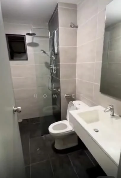 Bathroom features: walk-in shower with glass enclosure, rain shower head, handheld shower, single-sink vanity with white cabinet, chrome basin mixer faucet, framed mirror, one-piece toilet, grey tiled walls, black tile flooring, window for natural light; style: modern.