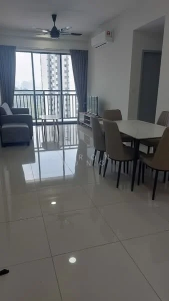 Living features: grey fabric sofa, coffee table, wall-mounted TV, TV console, dining table for 4, upholstered dining chairs, floor-to-ceiling windows, curtains, white painted walls, polished ceramic tile flooring, ceiling fan, wall-mounted air conditioning unit; style: modern; view: city.