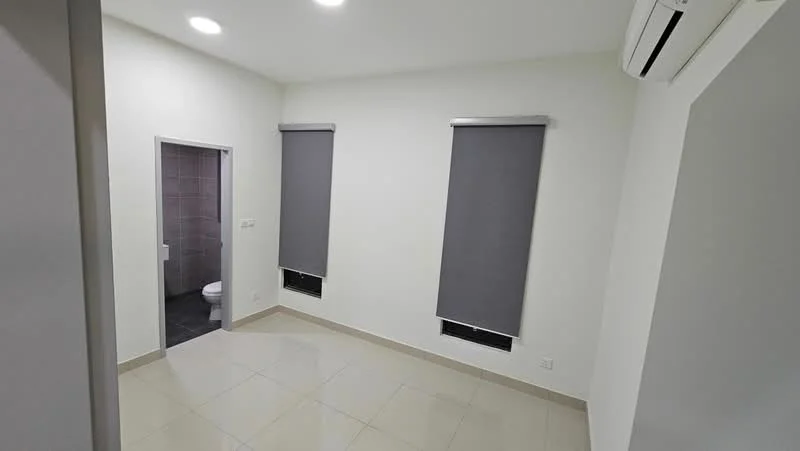 Room features: white painted walls, grey roller blinds on windows, tile flooring, recessed downlights, wall-mounted split AC, doorway leading to bathroom, two windows, neutral color scheme; style: modern.