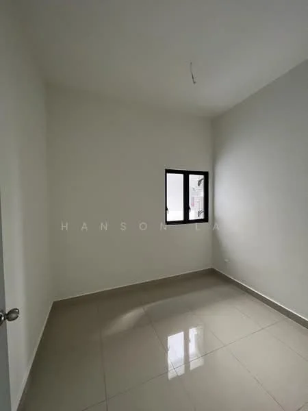 Room features: white painted walls, glossy ceramic tile flooring, single window, no visible ceiling fixture, neutral color scheme; style: minimalist.