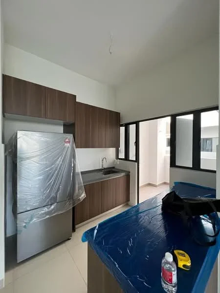 Kitchen features: stainless-steel fridge, single-bowl stainless-steel sink, chrome pull-down faucet, laminate countertop, brown cabinetry, grey backsplash, window with view to outside, tile flooring, ceiling light fixture, open layout, kitchen island, plastic wrap on fridge; style: modern.