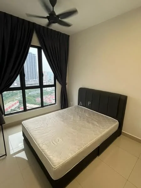 Bedroom features: queen-size bed, upholstered headboard, black curtains, floor-to-ceiling window, city view, light-colored walls, tile flooring, ceiling fan; style: modern; view: city.