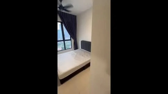 Bedroom features: queen-size bed, upholstered headboard, floor-to-ceiling window, blackout curtains, ceiling fan, light-colored walls, neutral flooring, view of city skyline; style: modern; view: city.