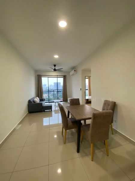 Dining features: dining table, 4 upholstered dining chairs, grey fabric sofa, floor-to-ceiling windows, curtains, ceiling fan, light-colored walls, glossy tile flooring; style: modern; view: city.