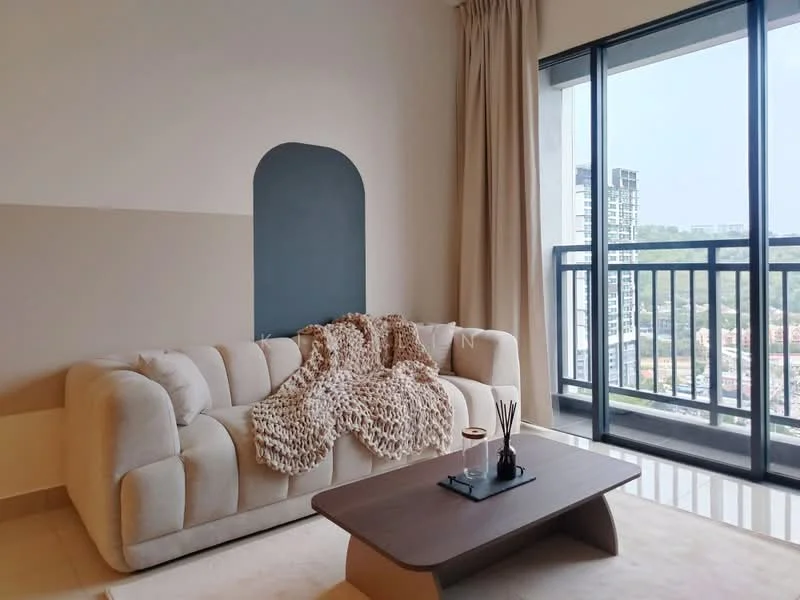 Living features: beige fabric sofa with tufted design, decorative throw blanket, wooden coffee table, floor-to-ceiling windows, curtains, neutral wall colors, accent wall with arch design, area rug, decorative vase with sticks; style: modern; view: city.
