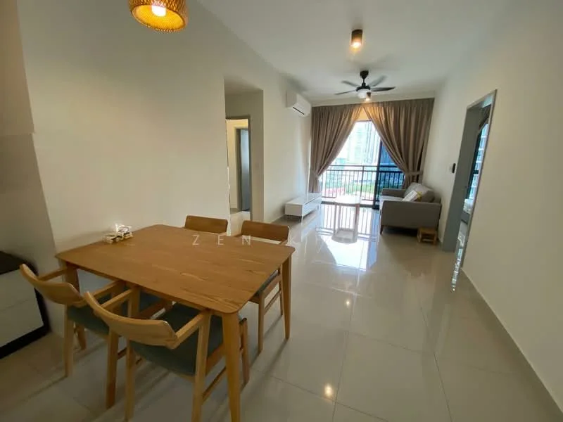 Living features: dining table with 4 wooden chairs, sofa in light grey fabric, floor-to-ceiling windows, curtains in light beige, ceiling fan with light, wall-mounted air conditioning unit, white painted walls, glossy ceramic tile flooring, decorative wall art, coffee table, TV console, open layout; style: modern; view: city.