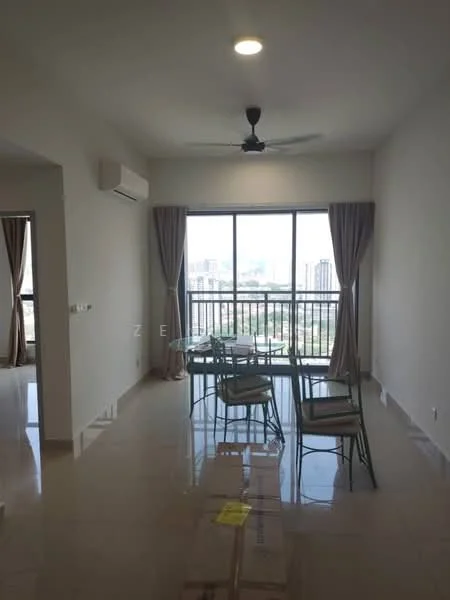 Dining features: dining table with four chairs, floor-to-ceiling windows, curtains, 5-blade ceiling fan, wall-mounted split AC, glossy tile flooring, city view; style: modern; view: city. Room features: white painted walls, neutral decor.