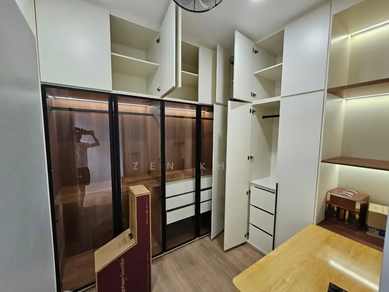Room features: built-in wardrobe with sliding glass doors, open shelving, white cabinetry, wooden drawer units, laminate flooring, ceiling fan, LED strip lighting, neutral wall color; style: modern.