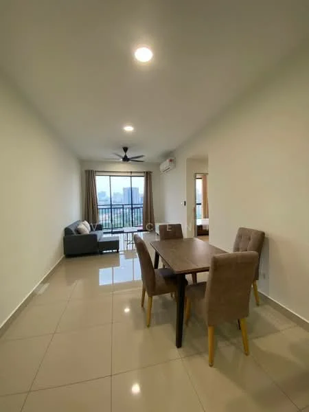 Dining features: dining table with 4 chairs, grey upholstered chairs, light-colored wooden table, floor-to-ceiling windows, curtains, white painted walls, polished ceramic tile flooring, ceiling fan with light, sofa in living area, view of city skyline; style: modern; view: city.