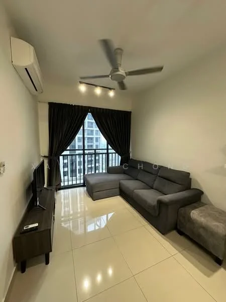Living features: grey L-shape sectional sofa, wall-mounted TV, wooden TV console, 5-blade ceiling fan with light, floor-to-ceiling windows, blackout curtains, cream painted walls, glossy tile flooring, balcony access, decorative wall art; style: modern; view: city.