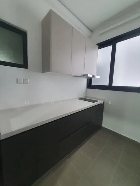 Kitchen features: black cabinetry, light grey upper cabinets, white quartz countertop, single-bowl stainless-steel sink, chrome pull-down faucet, tile flooring, large window, modern design; style: modern.