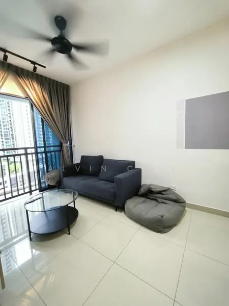 Living features: 3-seater fabric sofa in grey, glass coffee table, bean bag chair, floor-to-ceiling windows, curtains in grey, ceiling fan, white painted walls, glossy tile flooring; style: modern; view: city.