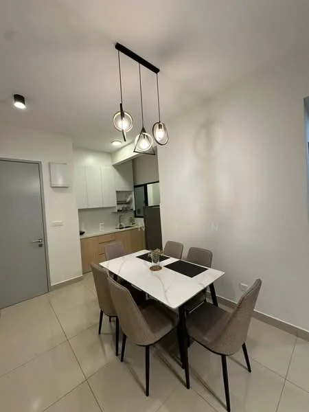 Dining features: 6-seater dining table with white marble top, upholstered dining chairs in beige, 3-bulb pendant light fixture, white painted walls, tile flooring, floor-to-ceiling window, kitchen area visible in background, recessed ceiling lights; style: modern.