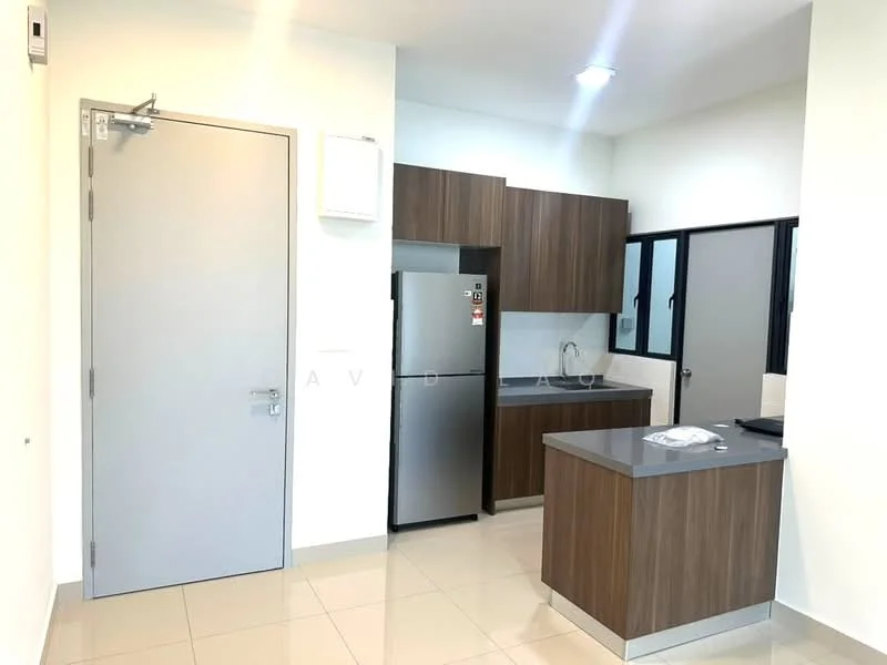 Kitchen features: grey laminate cabinetry, stainless-steel fridge, single-bowl stainless-steel sink, chrome pull-down faucet, white countertop, tile backsplash, kitchen island with storage, wall-mounted air conditioning unit, recessed downlights, cream painted walls, glossy tile flooring, floor-to-ceiling windows; style: modern.