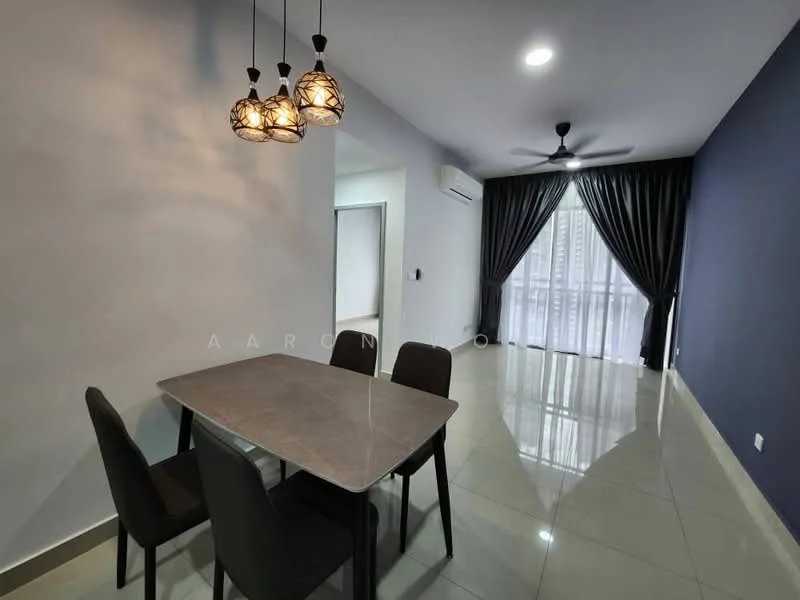 Dining features: 4-seater dining table with marble top, black upholstered dining chairs, pendant lighting with woven shades, floor-to-ceiling windows, curtains in dark fabric, light grey painted walls, glossy ceramic tile flooring, ceiling fan with light; style: modern. Room features: air conditioning unit on wall, neutral wall color, open space layout.