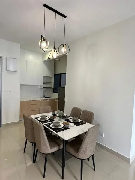 Dining features: 6-seater dining table with marble top, upholstered dining chairs in beige, pendant lighting with multiple bulbs, white painted walls, cream cabinetry, built-in kitchen appliances visible in background, tile flooring, open layout to kitchen; style: modern.