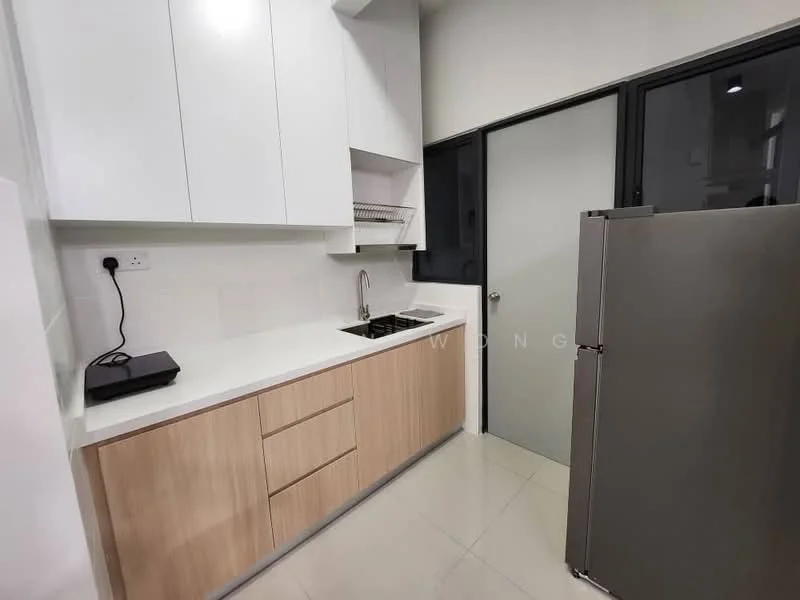 Kitchen features: white cabinetry with flat-panel doors, light wood lower cabinets, white countertop, single-bowl stainless-steel sink, chrome pull-down faucet, built-in gas hob, stainless-steel refrigerator, wall-mounted shelf, tile backsplash, recessed lighting, large window for natural light, neutral tile flooring; style: modern.