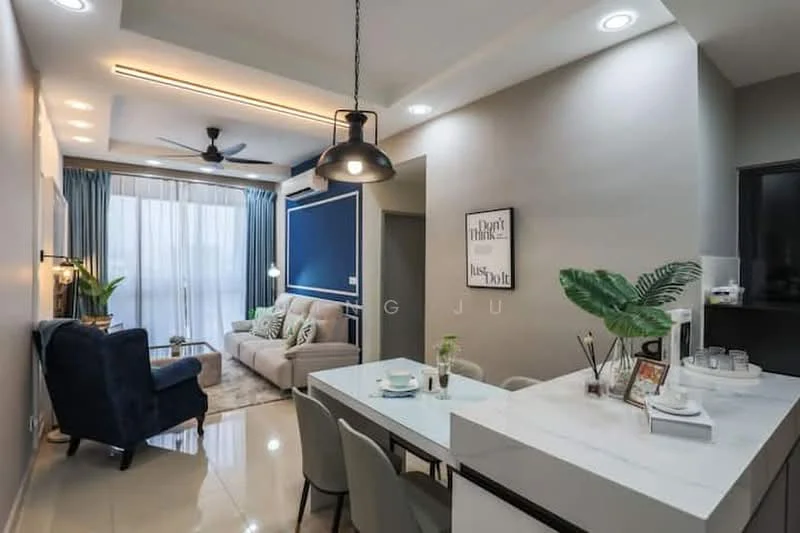 Living features: sofa in light grey fabric, 3-seater sofa, blue accent wall, floor-to-ceiling windows, sheer curtains, ceiling fan with light, wall-mounted TV, decorative wall art, area rug with geometric pattern, coffee table, side table with lamp, potted plant; style: modern; view: city. Dining features: dining table with white marble top, 4 dining chairs, decorative plant on table, kitchenette area with cabinets, countertop with appliances; style: modern.