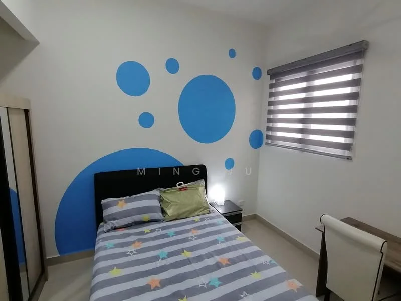 Bedroom features: single bed with colorful star-patterned bedding, blue accent wall with circular designs, white painted walls, sliding mirror wardrobe, roller blinds on window, nightstand with lamp, study desk with chair, tile flooring; style: modern.