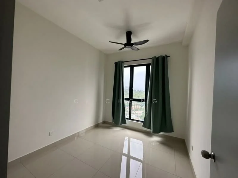 Bedroom features: white painted walls, glossy ceramic tile flooring, 5-blade ceiling fan with light, floor-to-ceiling windows, green curtains, natural light from window; style: modern; view: city.