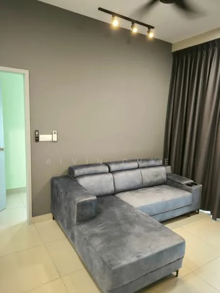 Living features: grey fabric sectional sofa, recessed ceiling lights, grey painted walls, cream tiled flooring, floor-to-ceiling curtains, wall-mounted light switch, doorway leading to another room; style: modern.