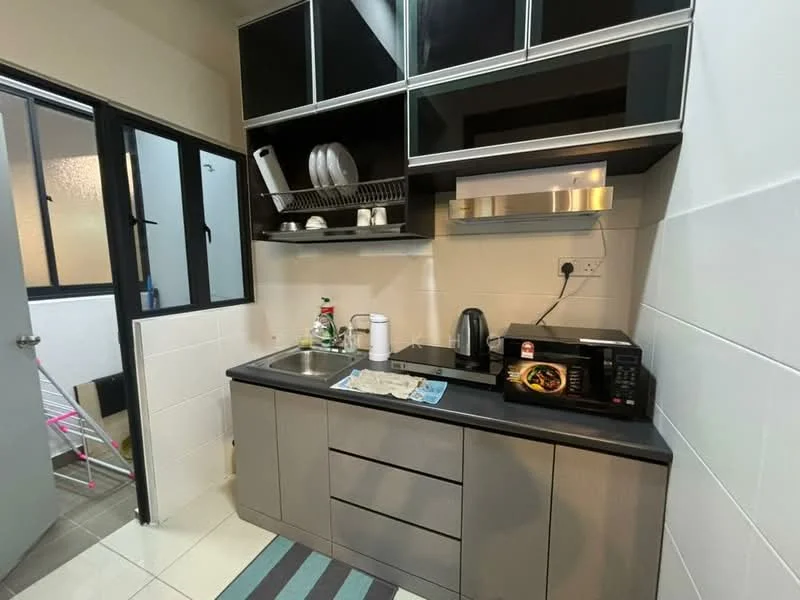 Kitchen features: grey cabinetry, black countertop, stainless-steel sink, chrome faucet, built-in microwave, electric kettle, dish rack, wall-mounted shelves, ceramic tile flooring, window with black frame, light fixture, refrigerator, kitchen towel, kitchen mat; style: modern.