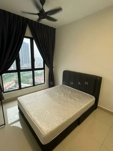 Bedroom features: queen-size bed, black upholstered headboard, floor-to-ceiling window, blackout curtains, light-colored walls, tile flooring, ceiling fan, city view; style: modern; view: city.