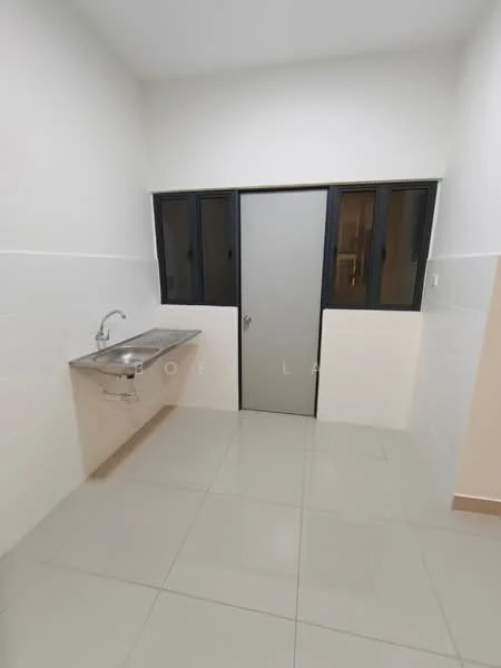 Laundry features: single-bowl stainless-steel sink, chrome faucet, white tiled walls, light grey floor tiles, black-framed windows, door with grey panel, no visible appliances, minimalist design; style: modern.