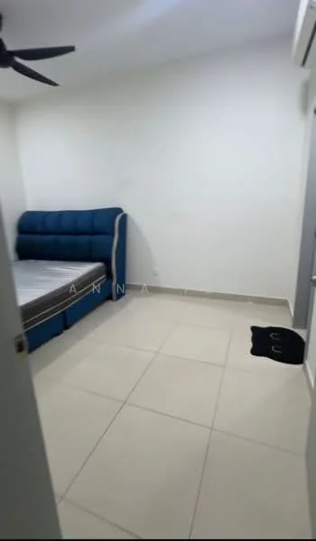 Bedroom features: blue upholstered bed frame, mattress on bed frame, white painted walls, tile flooring, ceiling fan, window with blinds, built-in wardrobe, decorative wall art; style: modern.