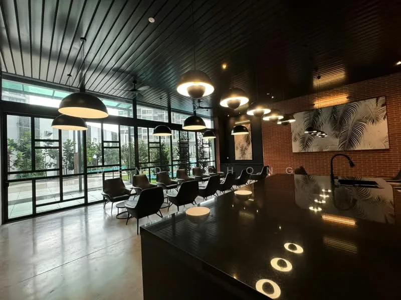 Living features: black granite countertop, pendant lighting fixtures, dark wood ceiling, large glass windows, brick accent wall, contemporary seating area, indoor plants, polished concrete flooring, artwork with palm leaf design; style: modern; view: garden.