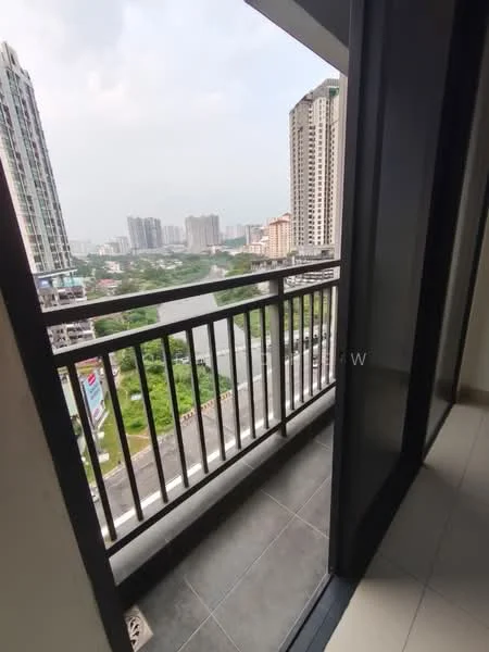 Room features: balcony, metal railing, grey tiled flooring, city skyline view, surrounding greenery, sliding glass door, floor-to-ceiling windows; style: modern; view: city.