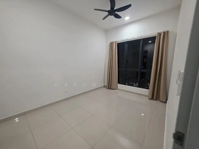 Room features: white painted walls, glossy tile flooring, 5-blade ceiling fan, floor-to-ceiling windows, beige curtains, city view, neutral color scheme, no visible furniture; style: modern; view: city.