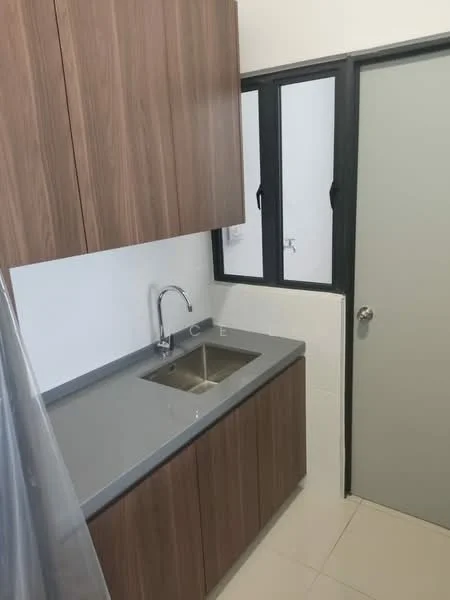 Laundry features: single-bowl stainless-steel sink, chrome pull-down faucet, grey laminate countertop, brown wood cabinetry, white tiled walls, light-colored floor tiles, window with black frame, door with silver handle; style: modern.