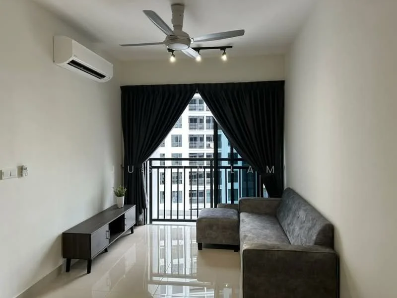 Living features: 3-seater fabric sofa in grey, wooden TV console, floor-to-ceiling windows, blackout curtains, 5-blade ceiling fan with light, polished tile flooring, air conditioning unit, decorative plant in ceramic pot; style: modern; view: city.