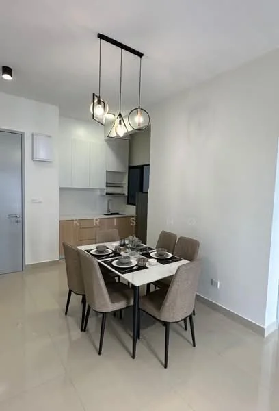 Dining features: 6-seater dining table, beige upholstered dining chairs, white tabletop, pendant lighting with geometric design, light grey walls, glossy tile flooring, kitchen cabinetry visible in background, open layout; style: modern.
