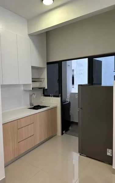 Kitchen features: white cabinets with flat-panel design, light wood cabinetry, white countertop, stainless-steel single-bowl sink, chrome pull-down faucet, built-in gas stove, stainless-steel refrigerator, ceramic tile flooring, recessed ceiling lights, window with black frame, open layout to adjacent room; style: modern.