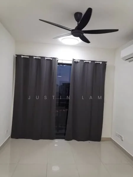 Room features: white painted walls, grey curtains, floor-to-ceiling window, sliding glass door, 5-blade ceiling fan with integrated LED light, glossy tile flooring, wall-mounted split AC.