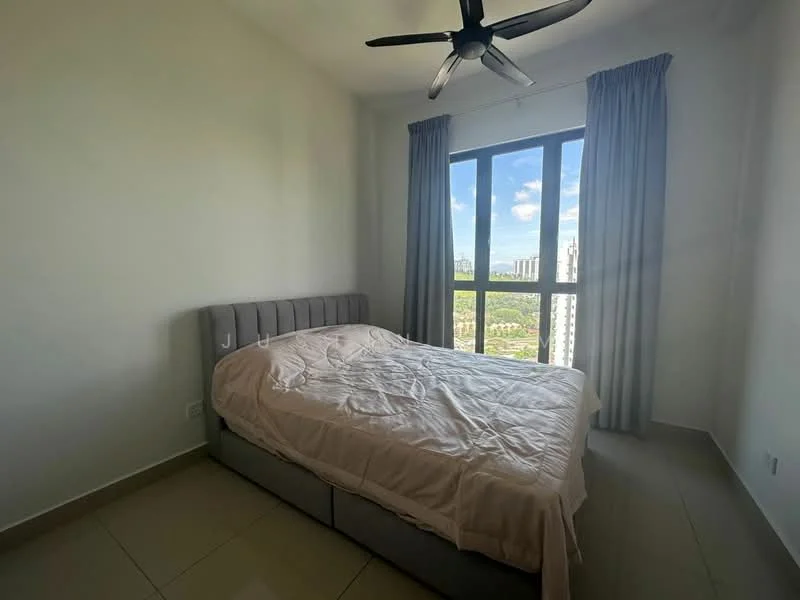 Bedroom features: king-size bed, upholstered headboard, floor-to-ceiling windows, grey curtains, 5-blade ceiling fan, light-colored walls, tile flooring, city view; style: modern; view: city.