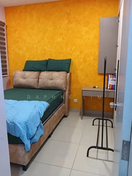 Bedroom features: orange painted walls, queen-size bed with upholstered headboard, green bedding, side table with drawer, floor tiles, window with blinds, clothes rack, decorative wall panel; style: modern.