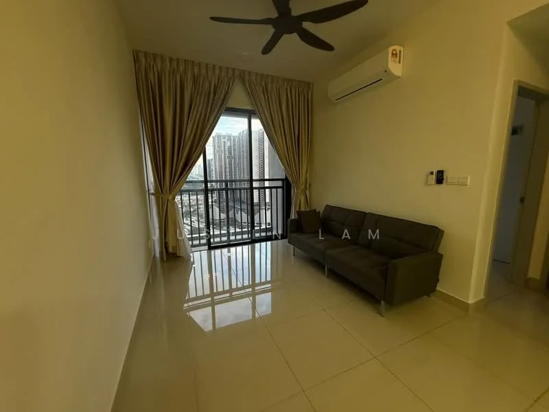 Living features: grey fabric sofa, floor-to-ceiling windows, curtains in beige, wall-mounted split AC, glossy tile flooring, light beige painted walls, ceiling fan, balcony access, city skyline view; style: modern; view: city.
