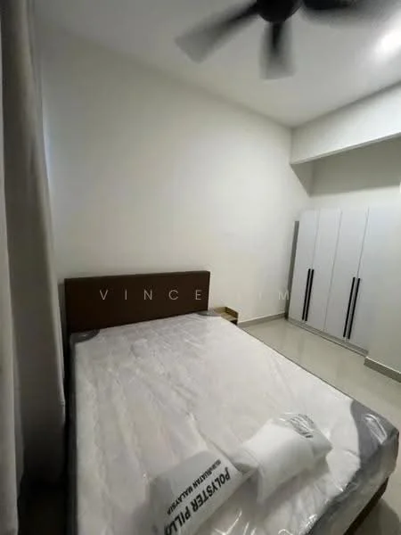 Bedroom features: queen-size bed, upholstered headboard, white painted walls, ceiling fan, sliding mirror wardrobe, tile flooring, bedside table, window with sheer curtains; style: modern.