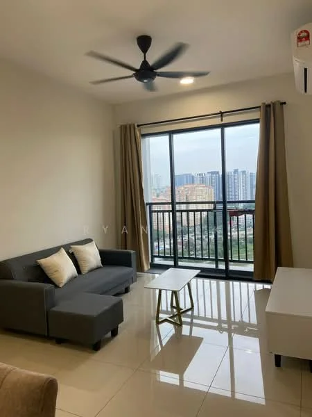 Living features: 3-seater fabric sofa in grey, 2 decorative cushions, coffee table, floor-to-ceiling windows, sliding glass door, curtains, ceiling fan with light, wall-mounted air conditioning unit, glossy tile flooring, city view; style: modern; view: city.
